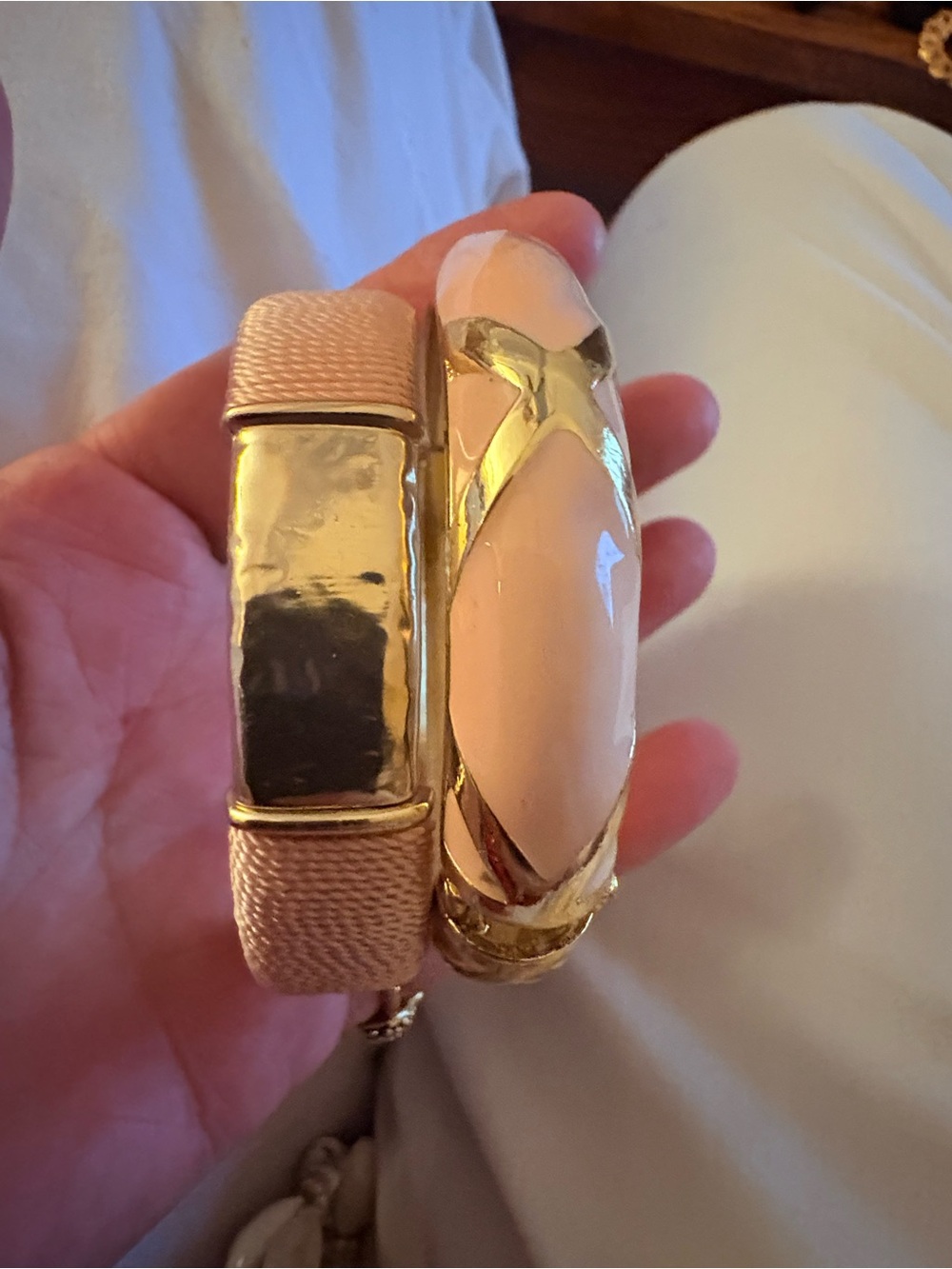 TWO Gold and Blush Peach Bangle Bracelets